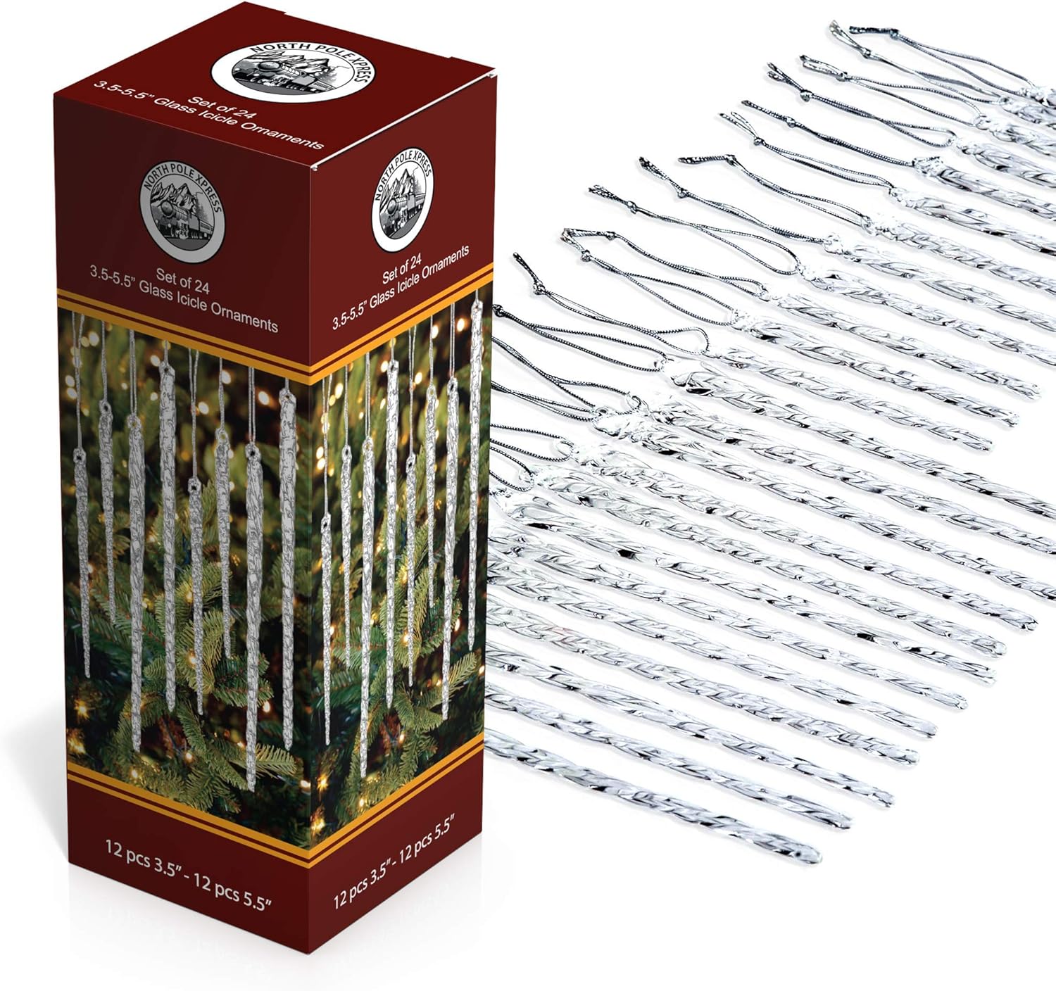 Ornaments - Twisted Clear Glass Icicle Christmas Ornaments for Christmas Trees - Set of 24 Icicles Christmas Tree Decorations - Christmas Tree Ornaments Crystal