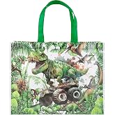 Loveinside Dinosaur Reusable Gift Bag, Tropical Monster Truck Design Large Recycled Party Favor Gift Bag for Kids' Birthday, Shopping, School and Storage, 16" x 6" x 12", 1 Pcs
