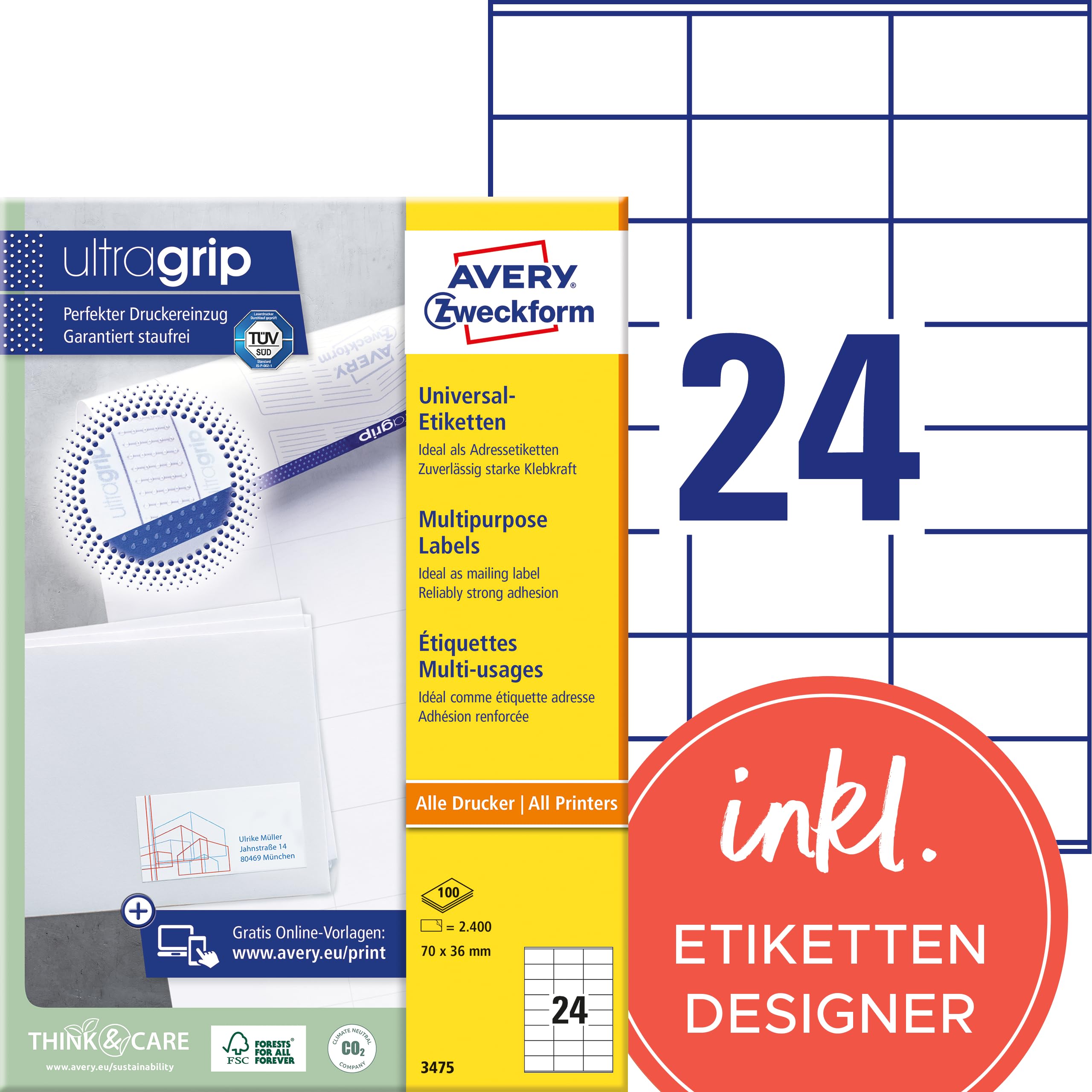 AVERY Zweckform 3475 Address Labels (2,400 Adhesive Labels, 70 x 36 mm on A4, Matte Paper, Printable Sender Labels, Self-Adhesive Address Labels with Ultragrip), 100 Sheets, White