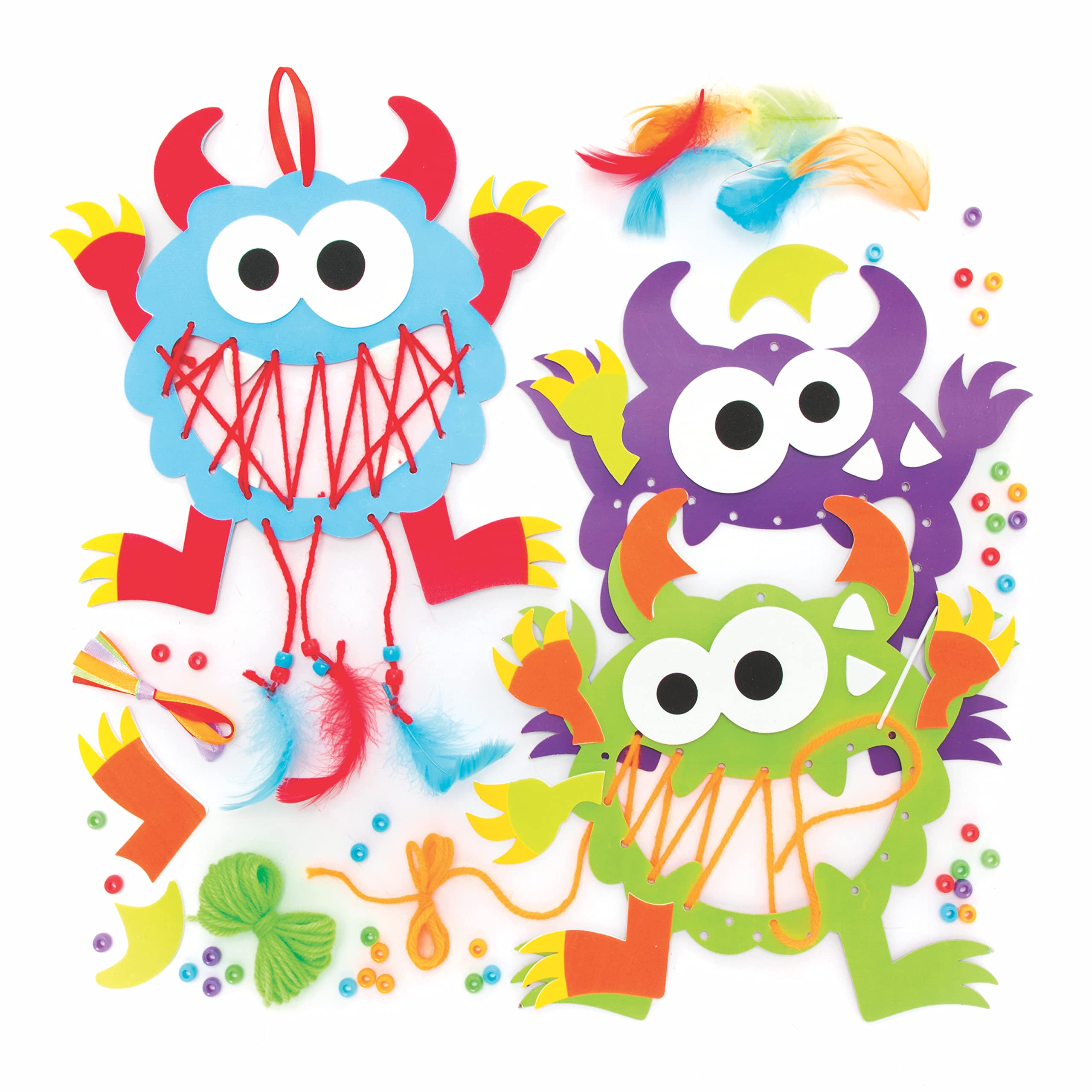 Baker Ross FE670 Monster Dream Catcher Craft Kits - Pack of 4, Make Your Own Card Dream Catcher Kit, Halloween Art and Craft for Kids to Make and Decorate, Monster, Orange, Blue, Green, Purple