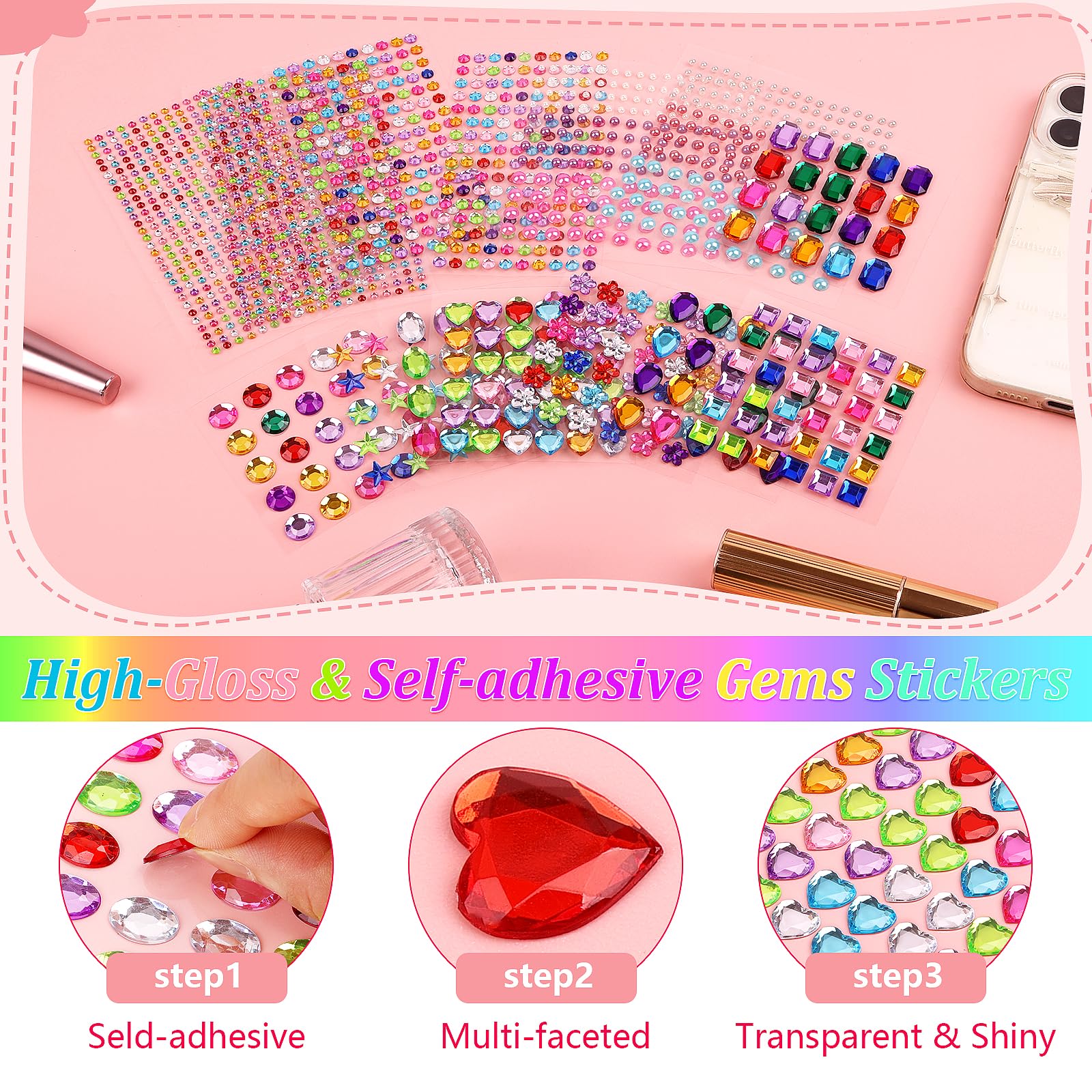 1782pcs Gems Stickers, Self Adhesive Gems for Crafts Bling Rhinestones, Assorted Shapes Jewels Stickers for Kids, Scrapbooking, Nail Art, Face Deco