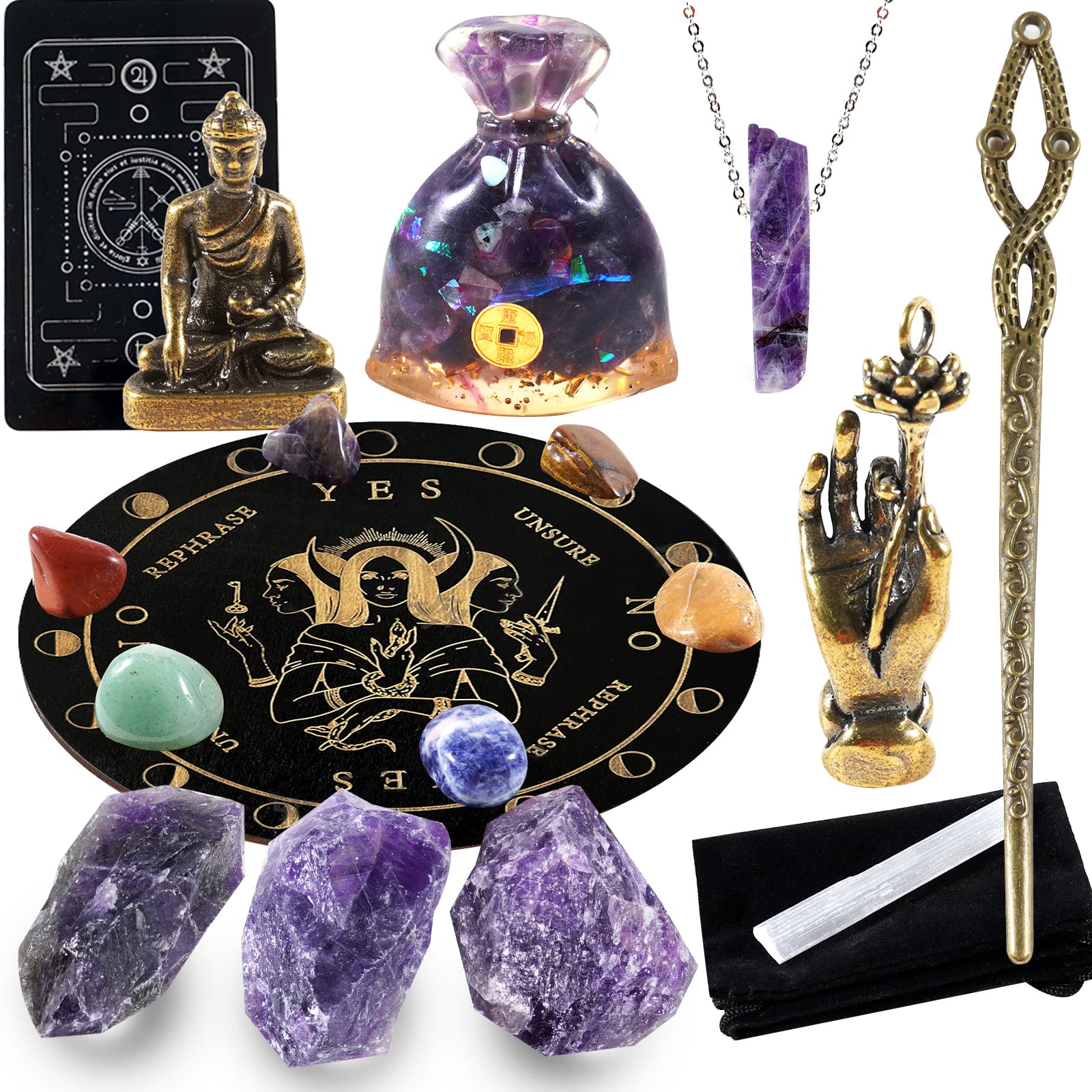 Soulnioi 19pcs Chakra Healing Crystal Meditaion Set: Amethyst Raw Stones, Buddha and Hand Lotus Ornament, Citrine Money Bag, Witchcraft Supplies Set for Beginners Wicca Reiki Yoga Meditation