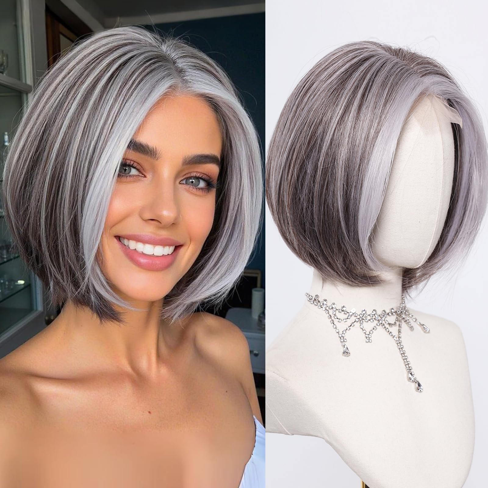 Testar Grey Bob Wig for Women - 10 Inch Short Middle Part With Blonde Highlights, Natural Lace Hairline, Heat Resistant Synthetic Silver Wig for Girls Cosplay (Grey)