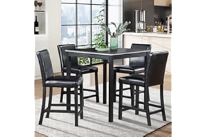 Ball & Cast 5-Piece Counter Height Dining Table Set for 4, Wooden Squqre Counter Height Table and 4pcs Upholstered Counter Stool Chairs for Kitchen,Dining Room,Black