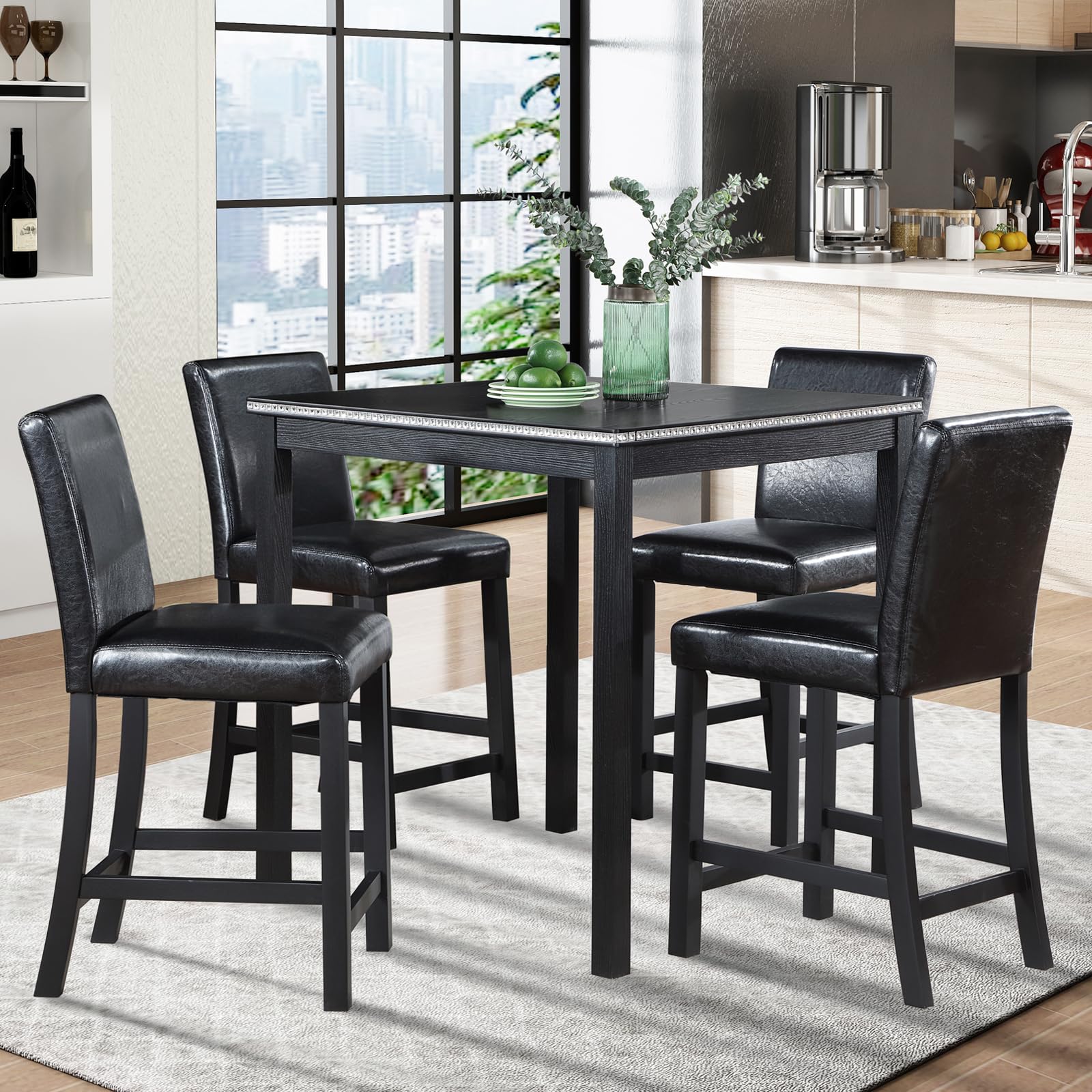 Photo 1 of **4 CHAIRS ONLY**KEIKI 5-Piece Counter Height Dining Table Set with Square Table and 4 Upholstered Chair, for 4 Person, Classic Style Crystal Decoration Wooden Table Set, Easy Assembly, for Kitchen, Dining Room, Black
