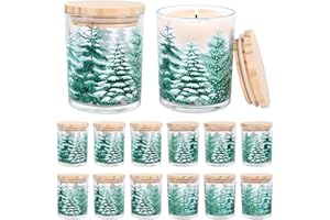 Whaline 12Pcs Christmas Empty Candle Jar with Wooden Lid Xmas Tree Glass Candle Container for Candles Making Storing Kitchen 