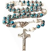 elegantmedical HANDMADE NICE Blue CLOISONNE & 10mm Pearl BEAD ROSARY NECKLACE Italy St.Benedict cross Box