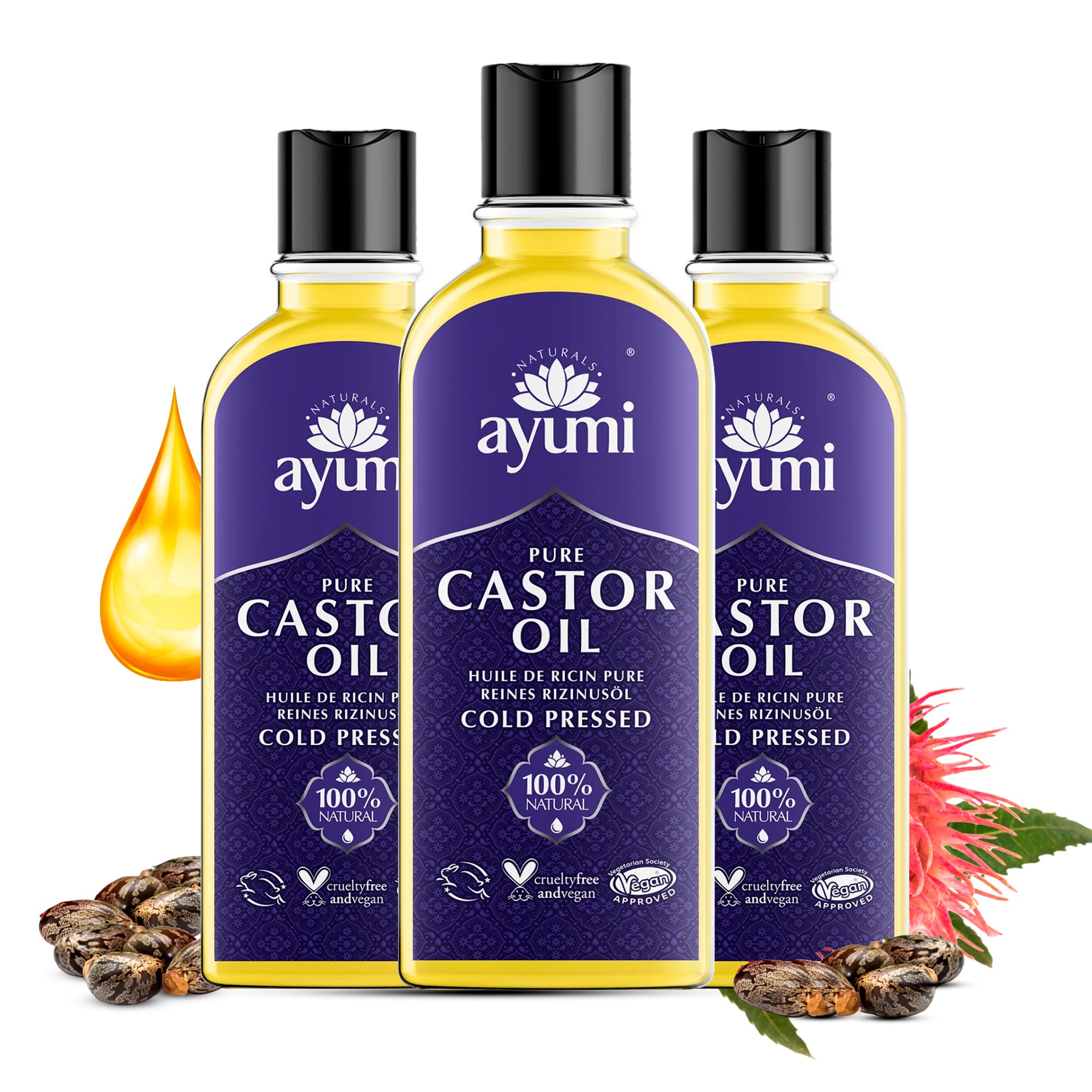 Ayumi Pure Castor Oil with Vitamin E, Omega 6 & 9 | Cold Pressed Castor Oil for Hair Growth & Hair Care | CastorOil For Eyelashes & Eyebrow | Beard Oil & Cuticle Nail Oil for Grooming |3x150ml