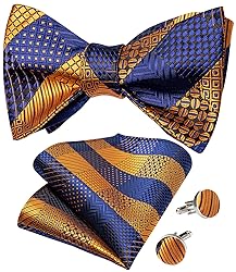 DiBanGu Blue and Gold Bow Ties for Men Plaid Bow