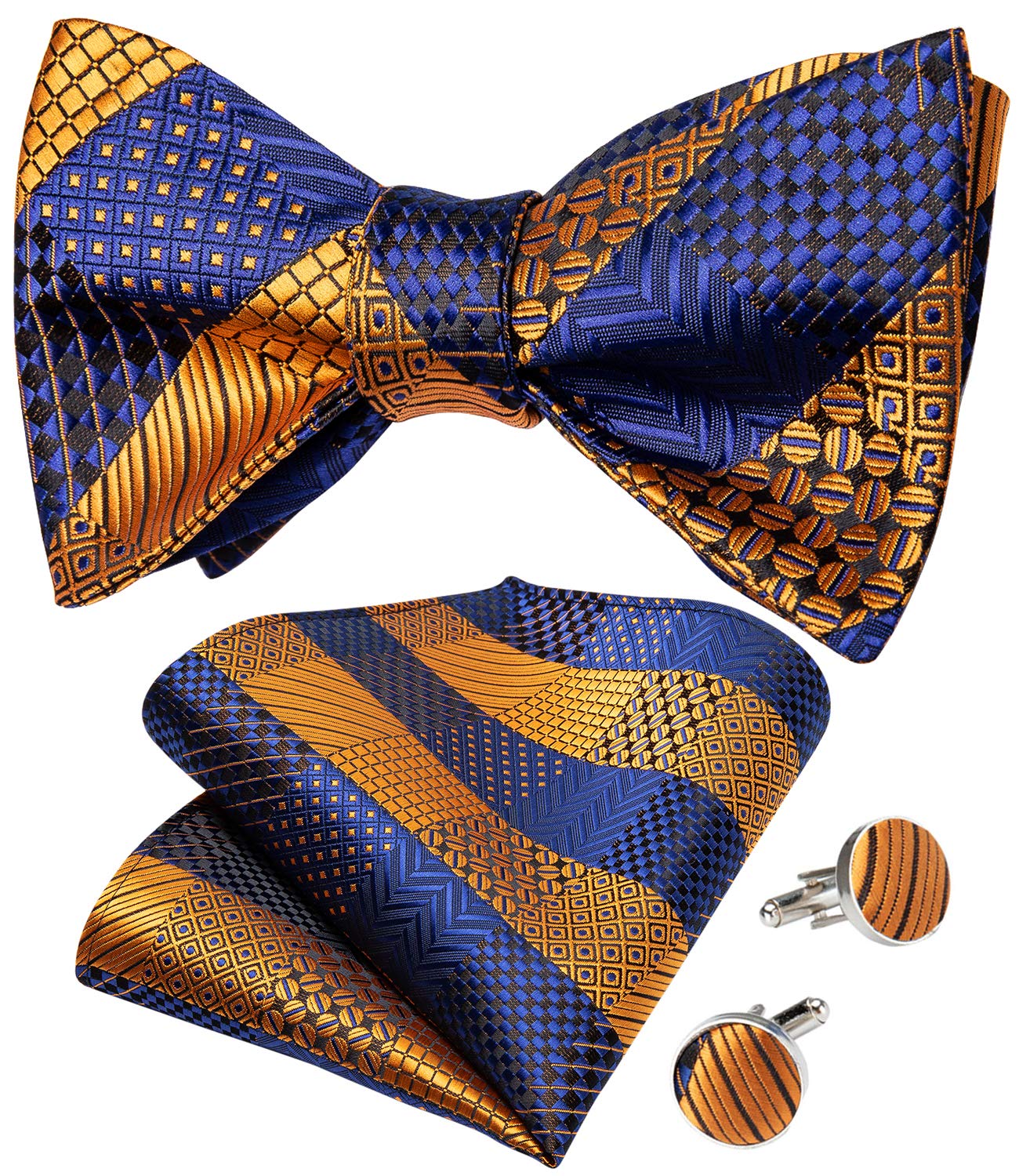 DiBanGu Blue and Gold Bow Ties for Men Plaid Bow