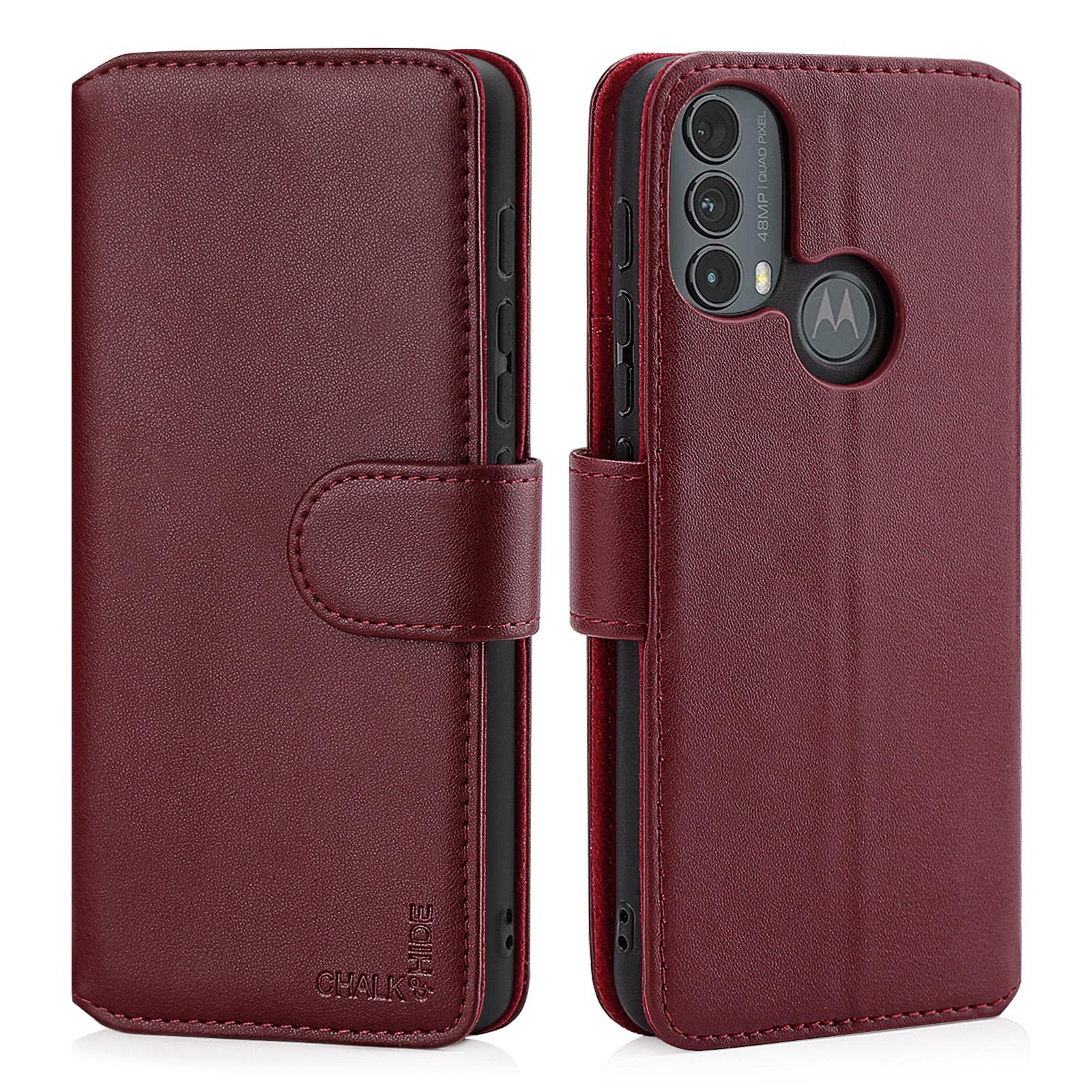 CHALK & HIDE - Real Leather Book Wallet Flip Case Cover For Motorola Moto E30 & Moto E40, Real Leather Design With Card Slot, Magnetic Closure and Built In Stand - Burgundy