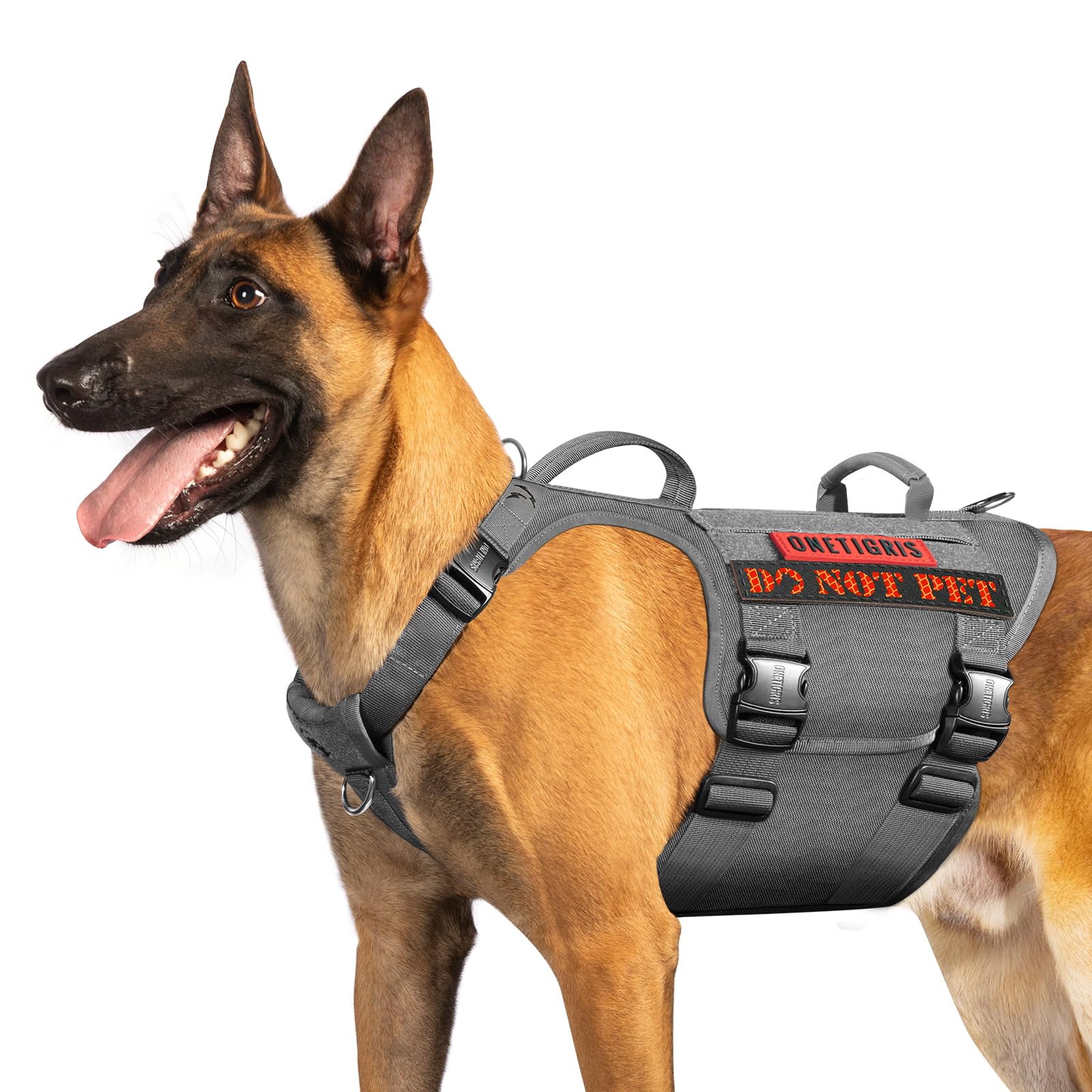 OneTigris Tactical Dog Harness with 5X Metal Buckle,Dog MOLLE Vest with Handle,No Pulling Front Clip,Hook and Loop Panel for Dog Custom Patch (M, Grey)