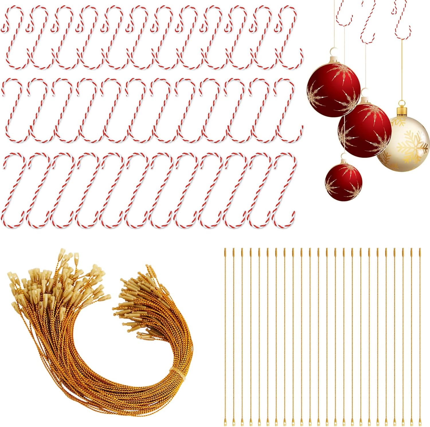 Ornament Hooks - Whaline 36Pcs Christmas Tree Ornament Hooks Hanging Metal Wire Hooks Red White Xmas Decorative Hooks 3 Style S-Shaped Christmas Bauble Hooks with 100Pcs Lanyard Cord for Hanging Socks Gift Supplies