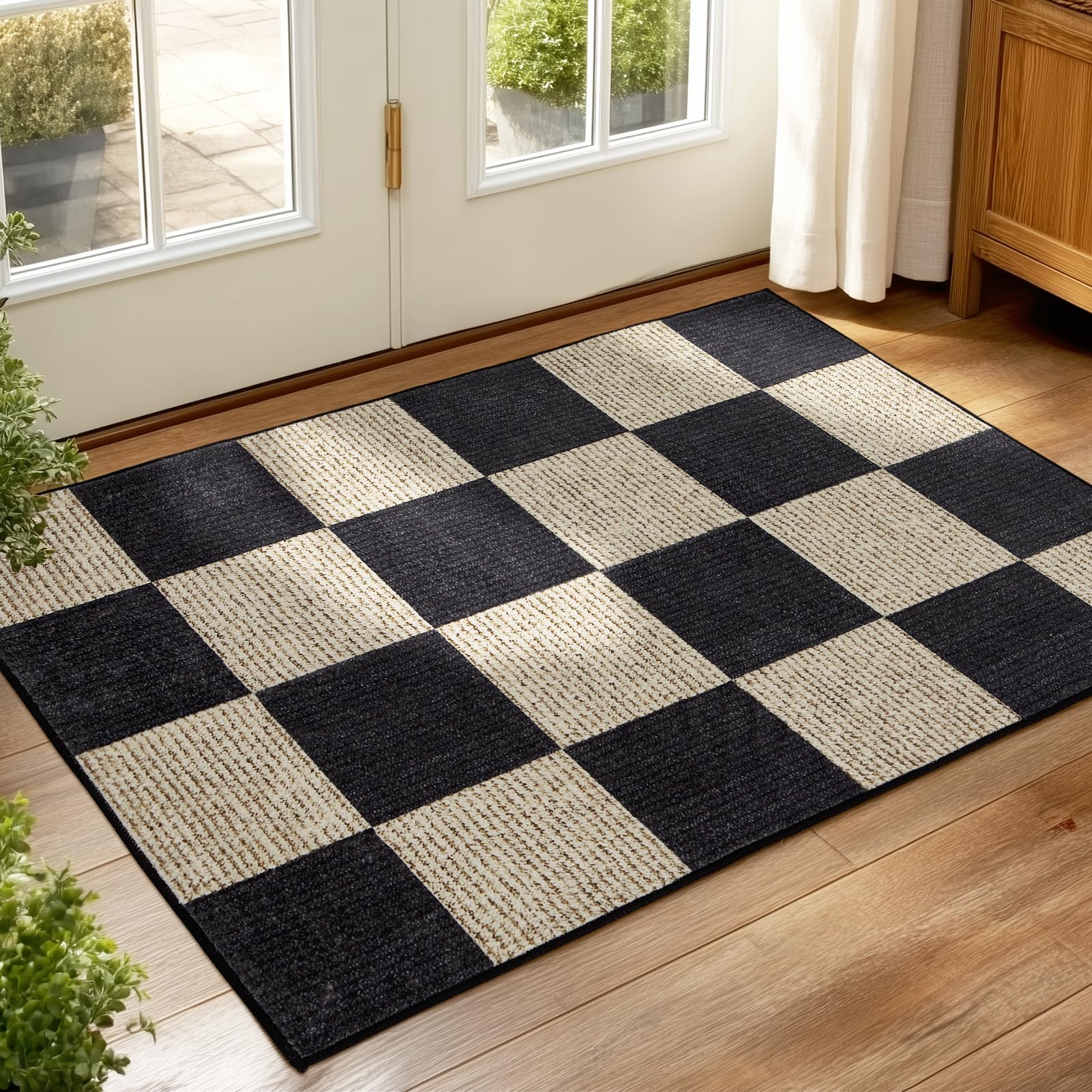 Photo 1 of Washable Door Mat Indoor Entrance 2x3 Checkered Rug, Black and White Area Rug, Low Pile Lightweight Indoor Carpet with Non-Slip Backing for Bedroom Classroom Playroom Kids