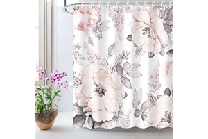 LIVILAN Pink Gray Flower Shower Curtain, Watercolor Floral Shower Curtains with Hooks White Grey Fabric Blossom Bathroom Decor Machine Washable, 72" W x 72" H
