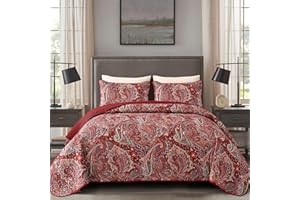 DJY Red Paisley Quilt Set King Size Boho Quilt Bedspread Set 3 Pieces, Soft Lightweight Microfiber Coverlet Set Paisley Floral Pattern Bedding for All Season, 104''x90''