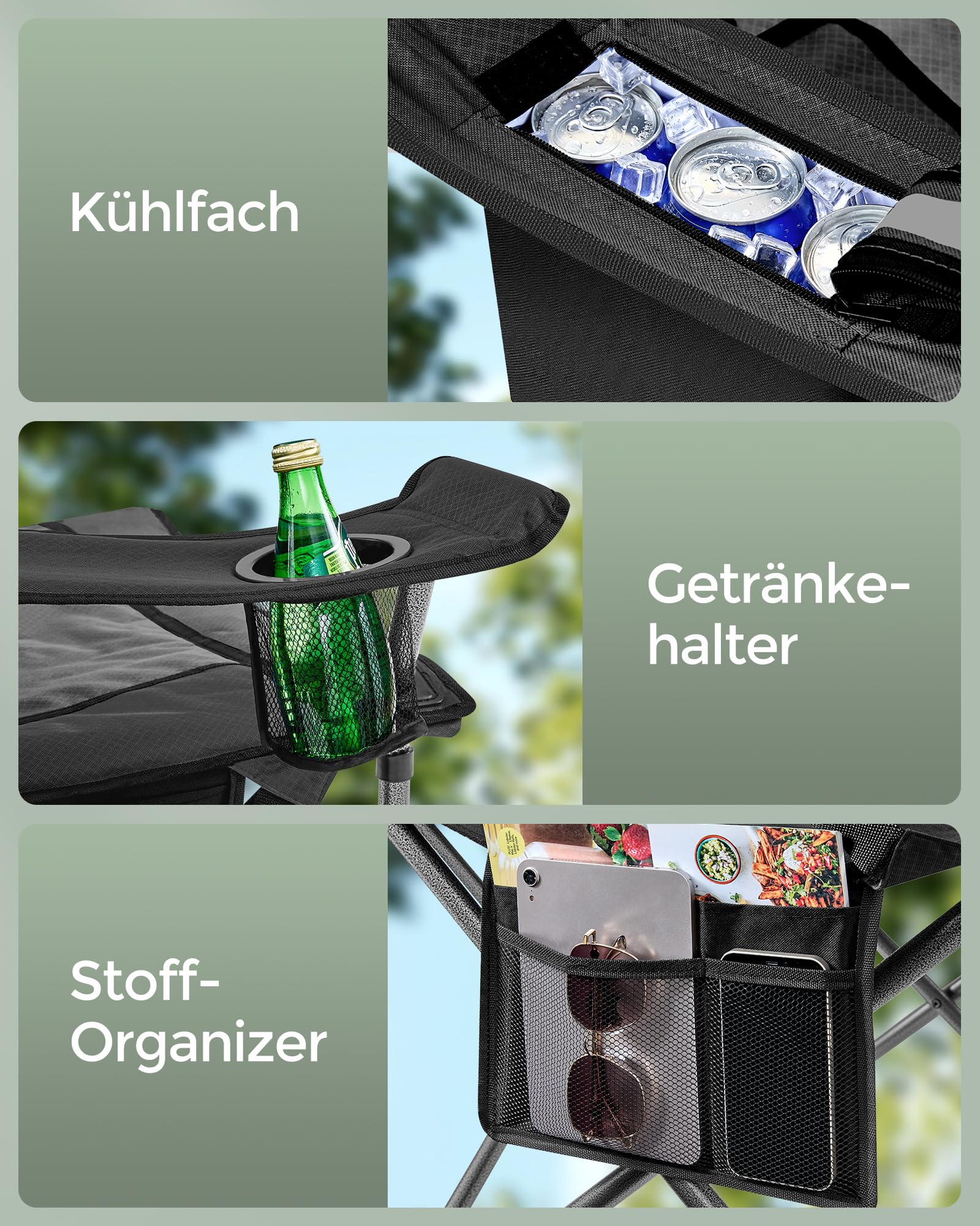 SONGMICS Campingstuhl, Klappstuhl mit Getränkehalter, Angelstuhl, Schaumstoffpolsterung, klappbar, bis 205 kg belastbar, Outdoor-Stuhl, hohe Rückenlehne, tintenschwarz GCB066B01 6