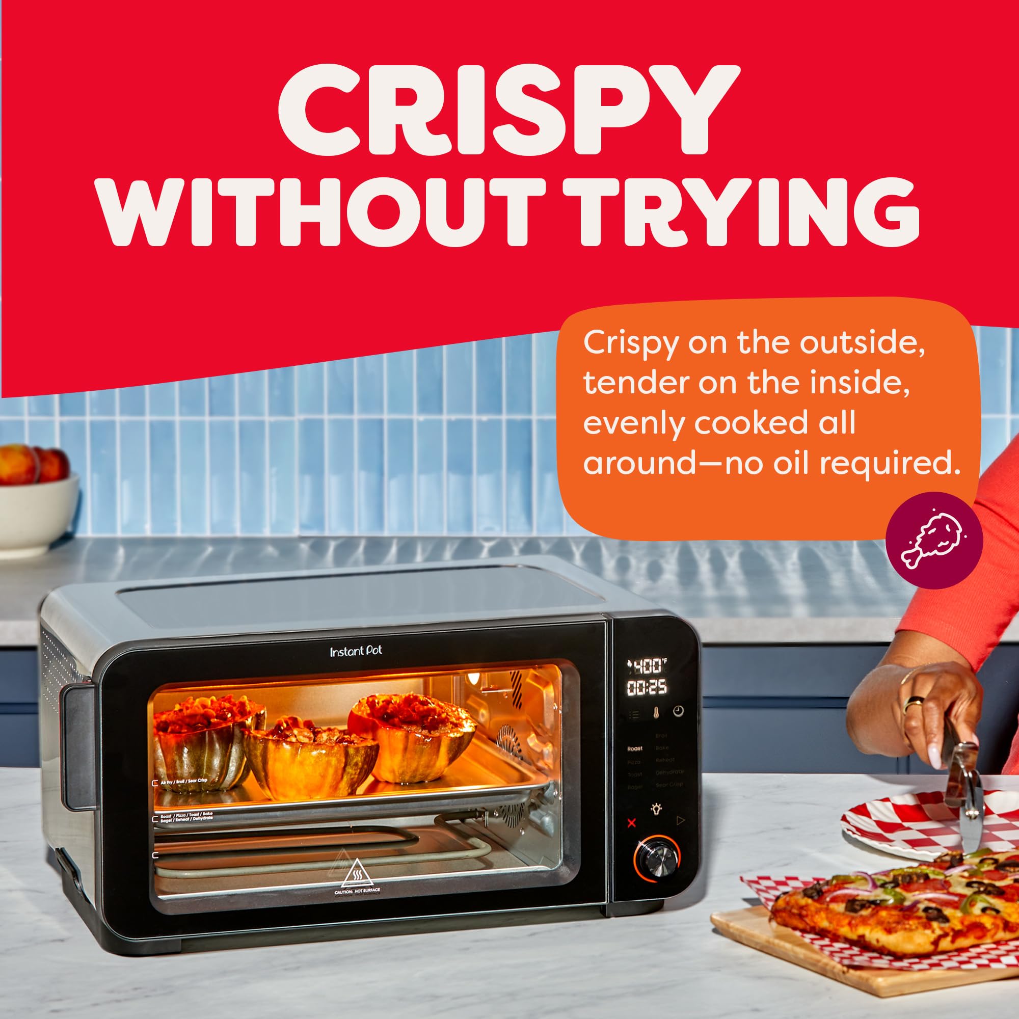 Instant Pot No Preheat Required* 6-Slice Air Fryer Toaster Oven with InstantHeat Technology, 10-in-1, Air Fry, Roast, Bake, Sear Crisp, Toast, Bagel, Broil, Dehydrate, Reheat, and Make Pizza
