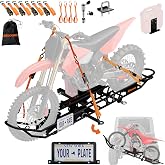 Mockins 83" Tilting Dirt Bike Carrier Hitch Mount Rack w/ 500 Lbs. Capacity | eBike Rack with Ramp for Up to 5.5"W Tires | Small Motorcycle Hitch Carrier Set w/ License Plate Holder, Stabilizer, &amp; Straps