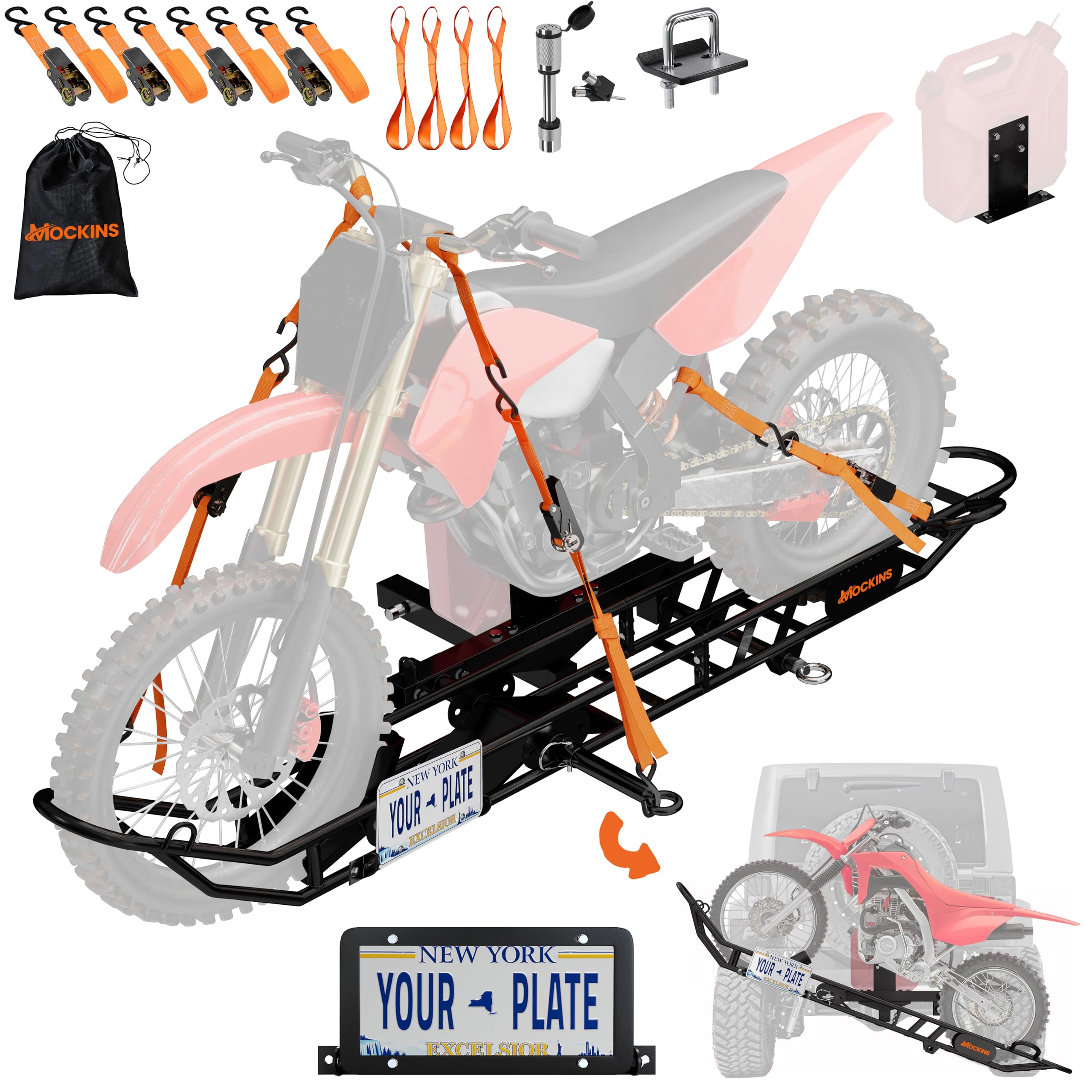 Photo 1 of Mockins 83" Tilting Motorcycle Hitch Carrier | Heavy Duty 500 Lbs. Capacity eBike Rack with Ramp for Up to 5.5"W Tires | Dirt Bike Carrier Hitch Mount Set w/ License Plate Holder, Stabilizer, & Straps