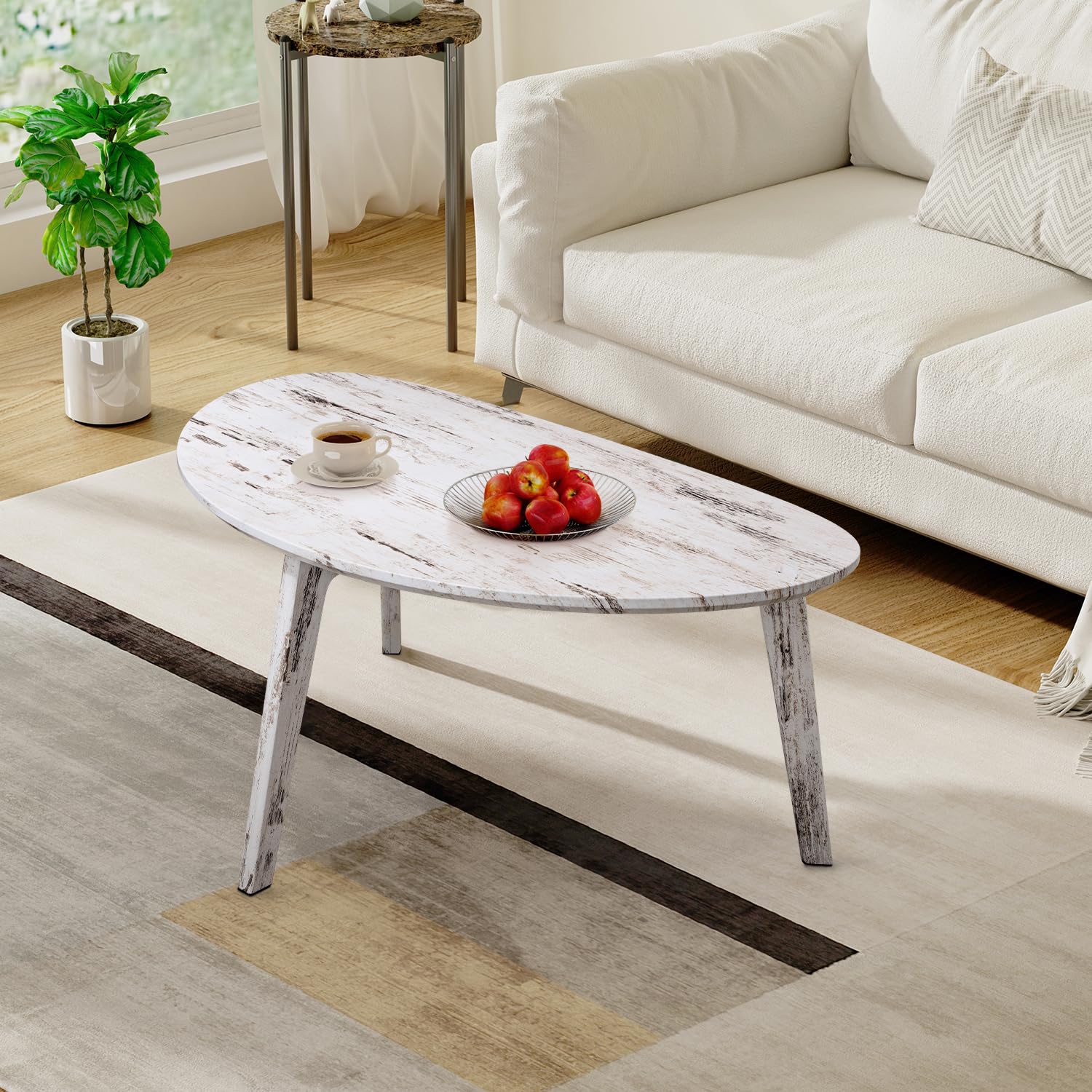 WDSHIYI Oval Coffee Table, Mid Century Modern Coffee Tables, Centre Table For Living Room, Solid Oak Tables Legs Small Space, 85 x 48 x 40cm