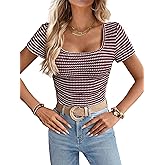 LUXVEER Women Summer Short Sleeve Shirts Ruched Tops Sexy Square Neck Blouses Going Out Knit T Shirt Basic Tees