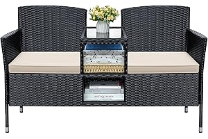 Greesum Patio Loveseat Outdoor Wicker Furniture Conversation Set with Soft Cushions & Built-in Coffee Table for Lawn Garden Backyard, Beige