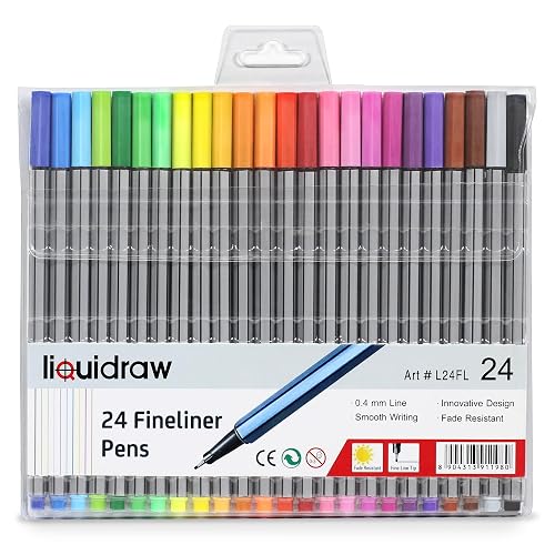 Liquidraw Fineliner Colouring Pens - 24 Pack | 0.4 mm Fine Tip | Assorted Vibrant Colours | Innovative Design Ideal for School, Work & Office Use | Easy Storage See-Through Wallet | Fade Resistant