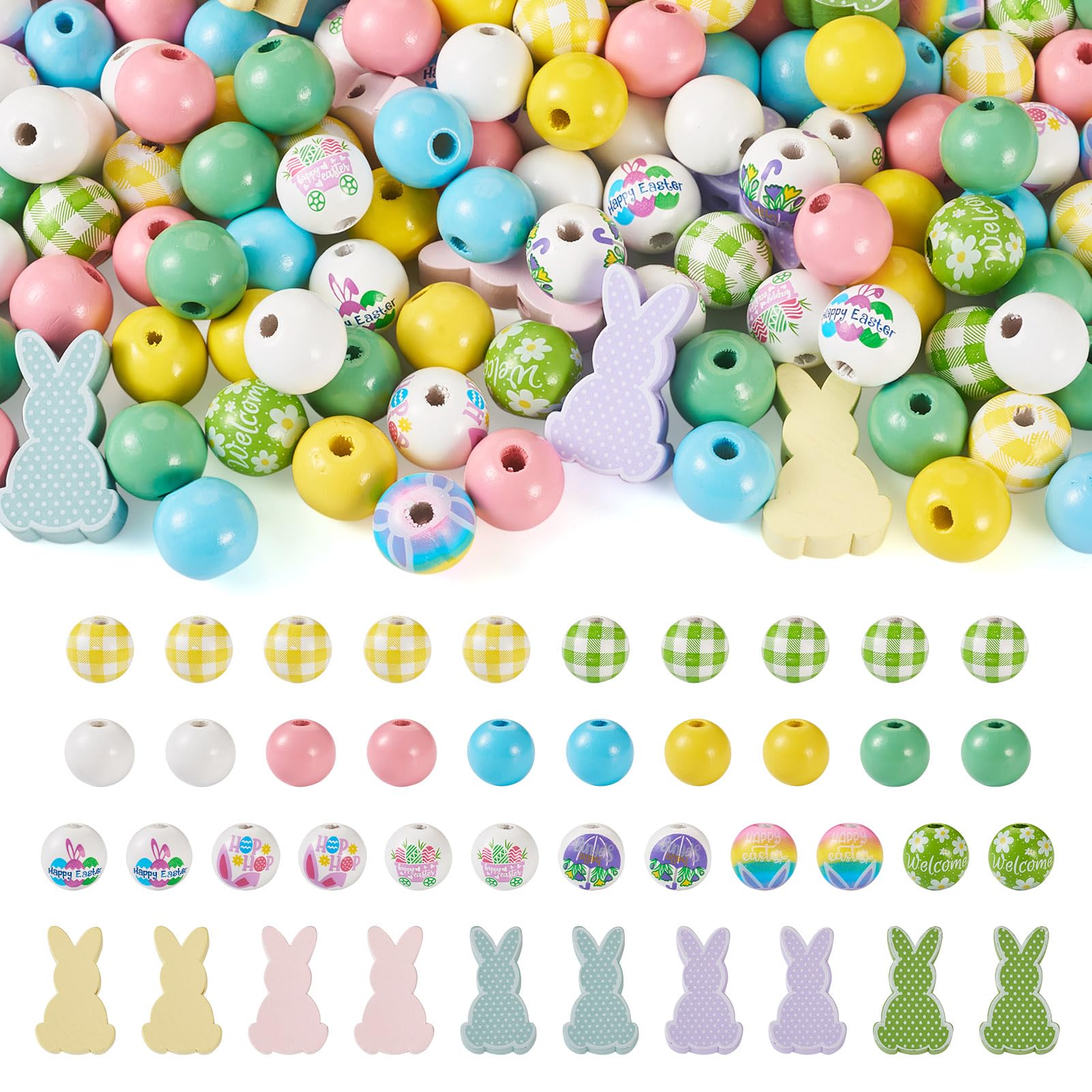 Crafans 160 Pcs Natural Wood Beads - Bunny, Round, Large Hole, Green, Spring Flowers, Rabbits, Spacer Wooden Beads for DIY Easter Jewelry Making — image 1
