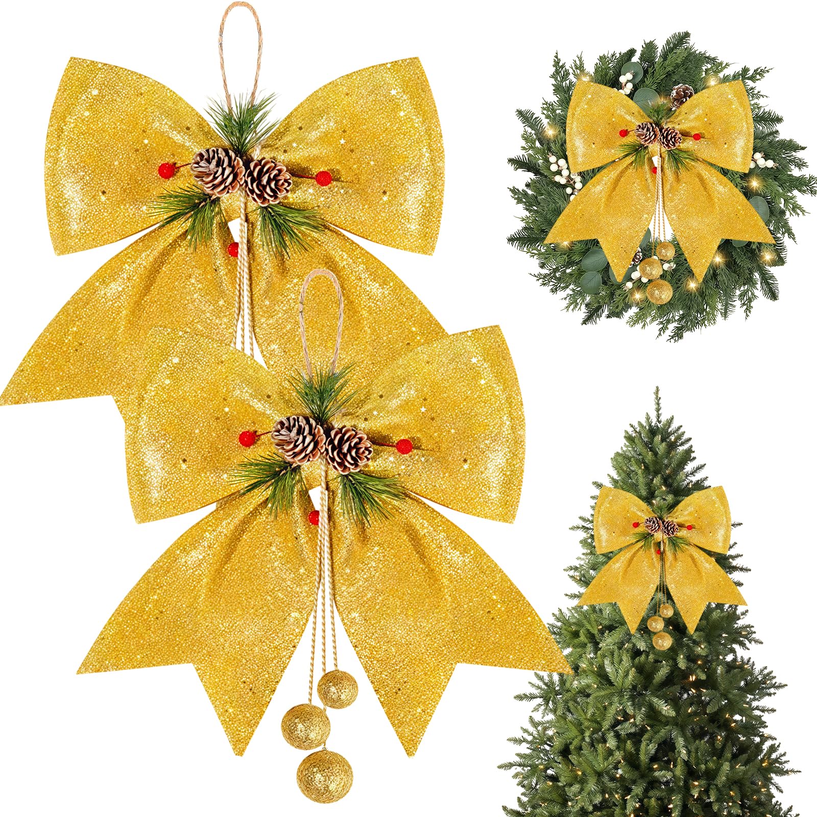 2 Pack Large Glitter Christmas Bows Red,11.8inch Glitter Bows for Christmas Tree Decorations,Wreaths Bows,Sequin Bow Ties Christmas Decorative Bows Tree Wreaths Ornament for Home Christmas Party