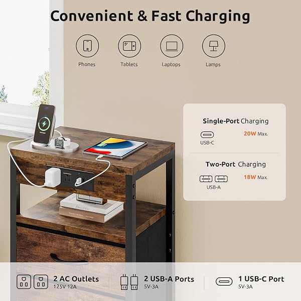 LAZZANTO NIGHTSTAND BEDSIDE CHARGING TABLE BEDROOM – BROWN NIGHT STAND WITH CHARGER STATION, MODERN BED SIDE END TABLE WITH OPEN SHELF & 2 FABRIC DRAWERS, USB-C PORT FOR DORM, LIVING ROOM