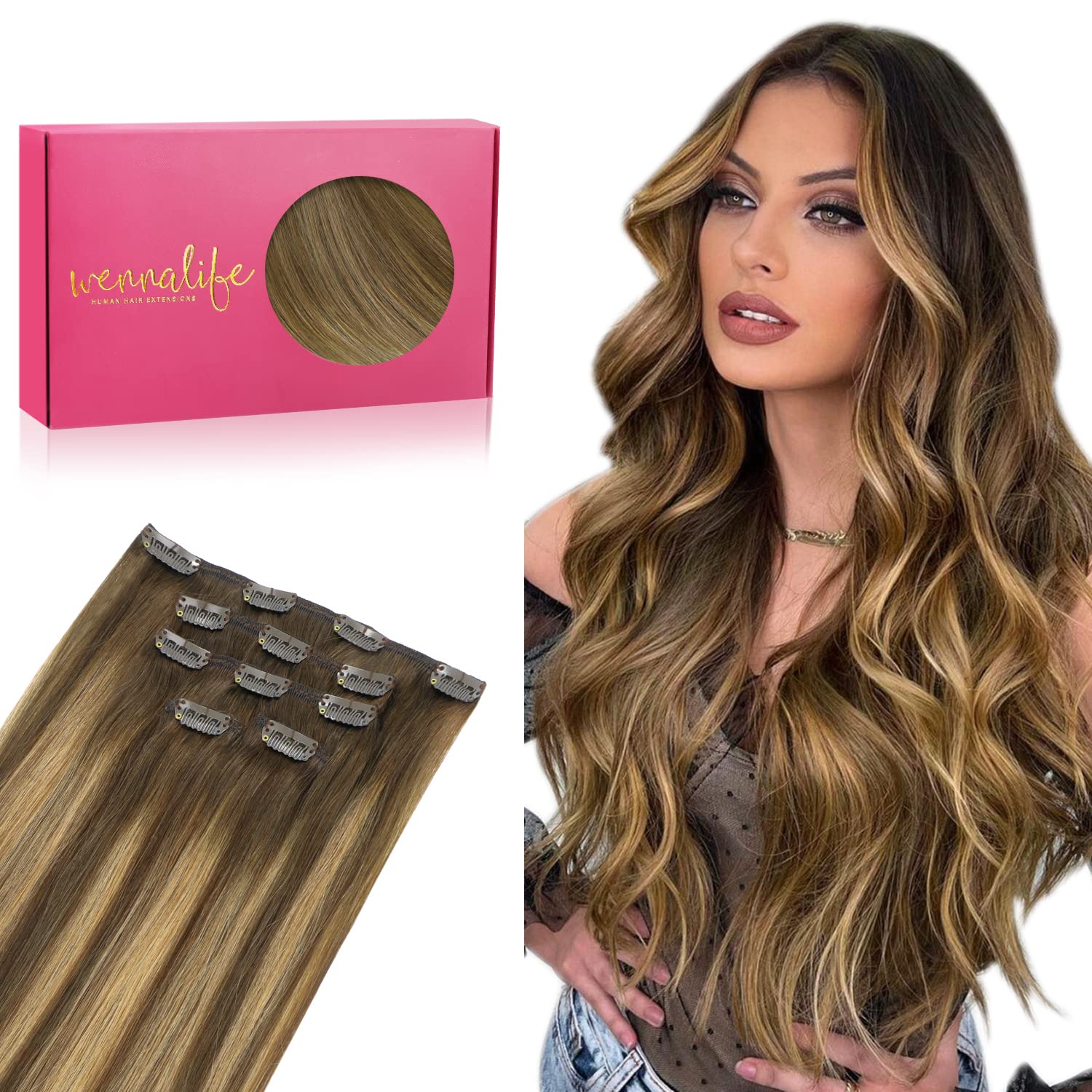 WENNALIFE Clip In Hair Extensions, 18 Inch 80g 5pcs Balayage Chocolate Brown to Caramel Blonde Hair Extensions Clip In Real Hair Remy Human Hair Extensions Natural Silky Clip In Human Hair Extensions — image 1