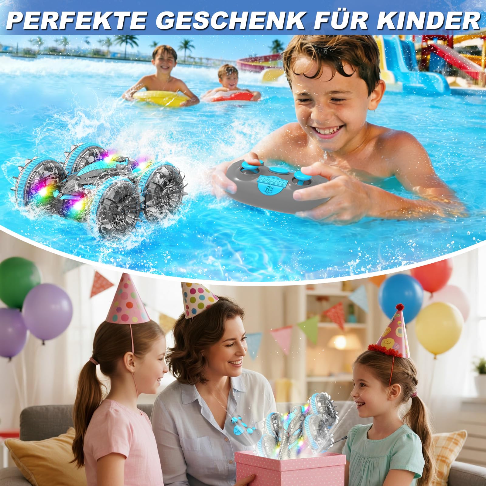 MidiVix Amphibienfahrzeug Ferngesteuertes Auto, 90 Min Spielzeit, 2.4GHz Double-Sided Stunt RC Auto Car mit LED Licht, 4WD 360° Drehung, Pool & Outdoor Spielzeug Geschenke für Kinder 6-12 Blaugrau 6