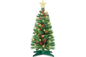 NAWITDA 3 Ft Artificial Christmas Tree with Pine Needle Acorn Red Berries 8 Modes Timer 50 Warm White Lights Battery Operated Small Xmas Full Tree for Home Indoor Office Tabletop Holiday Decorations
