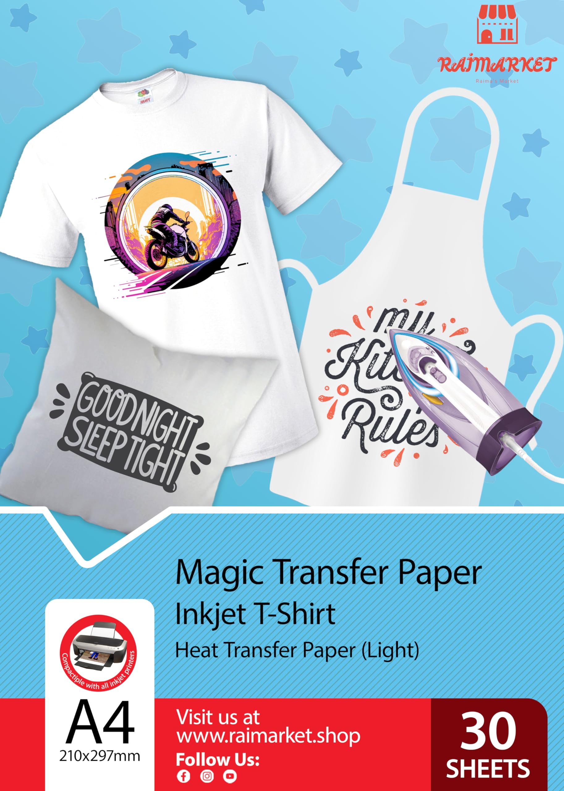 Raimarket Premium Iron-On Transfer Paper for Light Fabrics - A4, 30 Sheets | Printable Vinyl for T-Shirt Printing, Heat Transfer Paper for White Clothes, Acetate Sheets A4 Included, Easy to Use