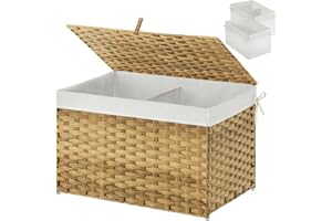 GREENSTELL Storage Basket with Lid, 27.7 Gallon(105L) Lagre Wicker Blanket Storage Basket with Handles, Foldable, 2 Removable Liner Bags, Metal Frame, for Bedroom, Laundry Room, Natural