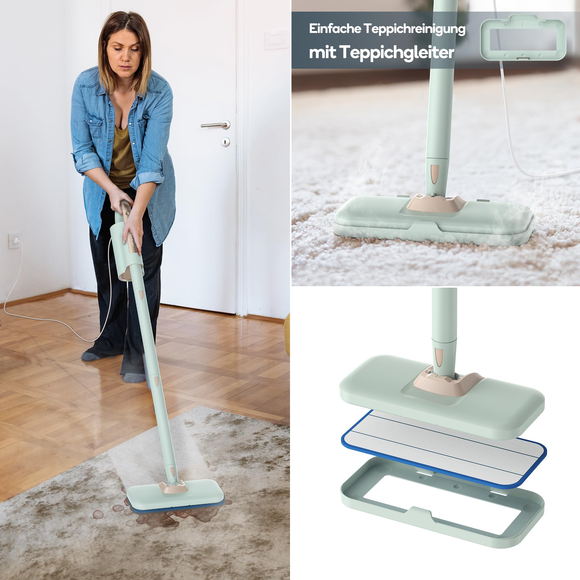 Newbealer 2-in-1 Dampfreiniger, 1200W Handgerät mit abnehmbarem Reiniger, 3 Dampfstufen, 7 Zubehörteile und 2 Mikrofaserpads, Ideal für Alle Böden, Teppiche 7