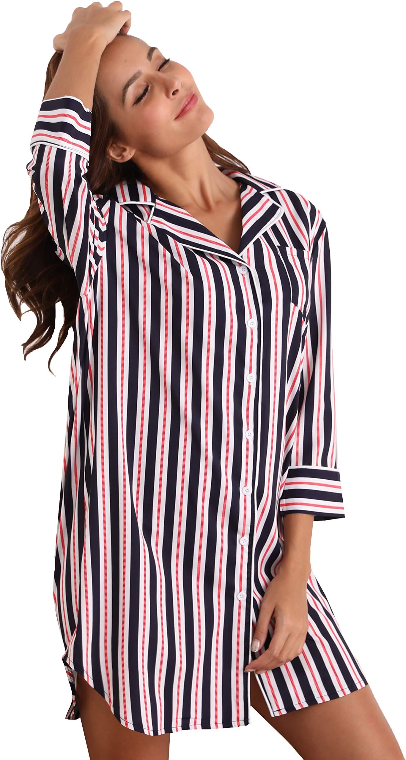 MEMORY BABY Women Sexy Sleepwear Nightshirt Long Sleeve Pajama Nightgown Nightwear Button Down Striped Shirt