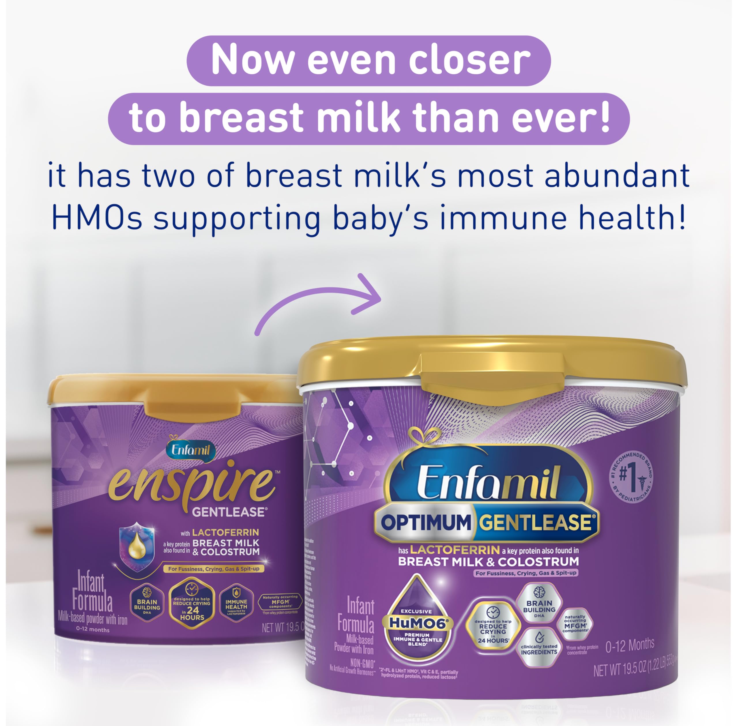 Enfamil Optimum (Enspire) Gentlease, Our Closest Formula to Breast Milk, Immune-Supporting Lactoferrin and Brain-Supporting DHA Baby Formula - Powder 19.5 Oz Tub