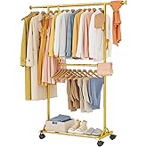 FAVOOSTY Clothes Rack for Hanging Clothes, Rolling & Extending Clothing Rack with Wheels, Garment Coat Rack Freestanding, Por