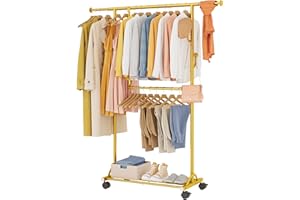 FAVOOSTY Clothes Rack for Hanging Clothes, Rolling & Extending Clothing Rack with Wheels, Garment Coat Rack Freestanding, Por