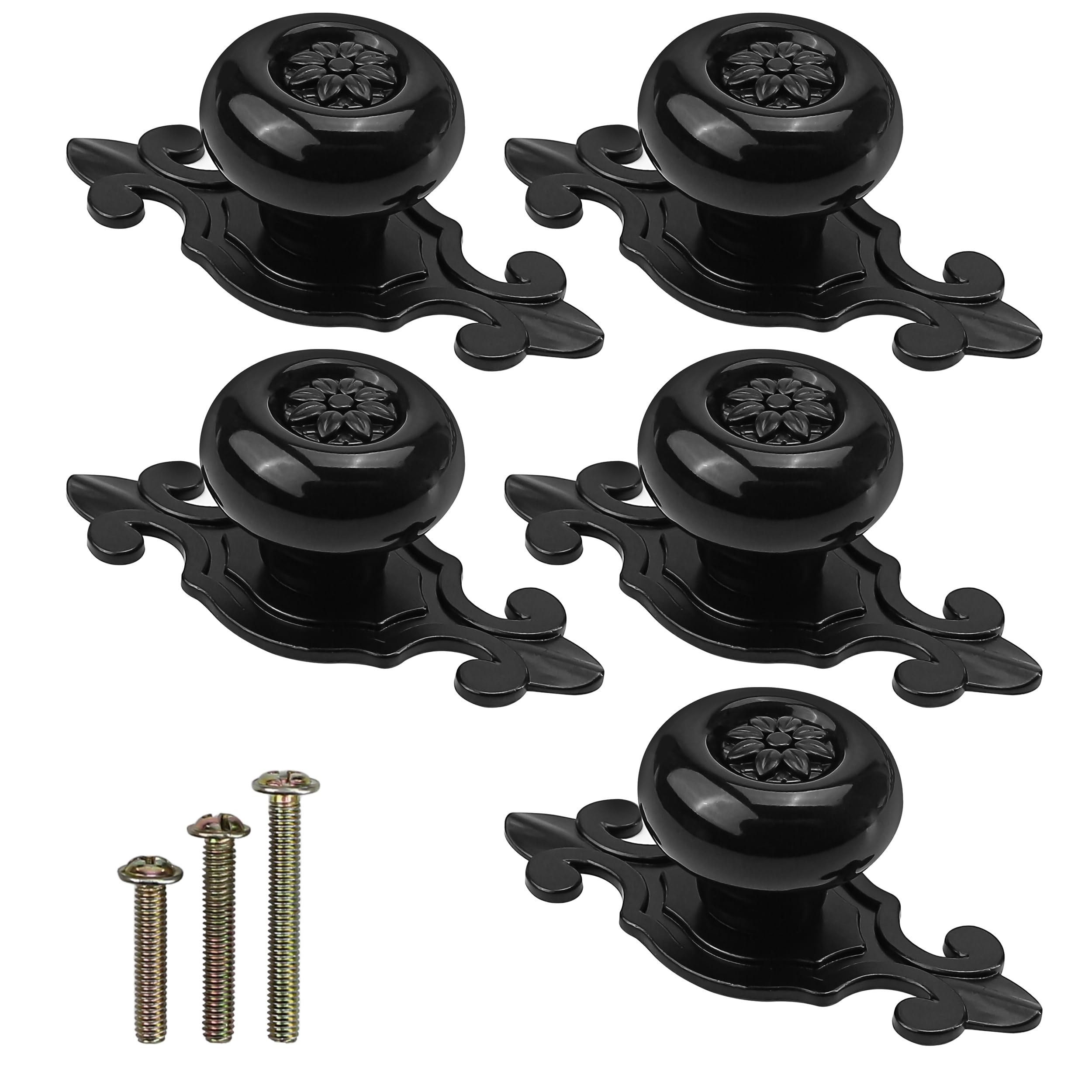 Photo 1 of 5 Pack Retro Ceramic Petal Cabinet Knobs, Vintage Unique Porcelain Drawer Pulls, Rustic Zinc Alloy Antique Black Base Back Plate Furniture Handle for Kitchen Cabinet Cupboard Dresser Wardrobe Closet