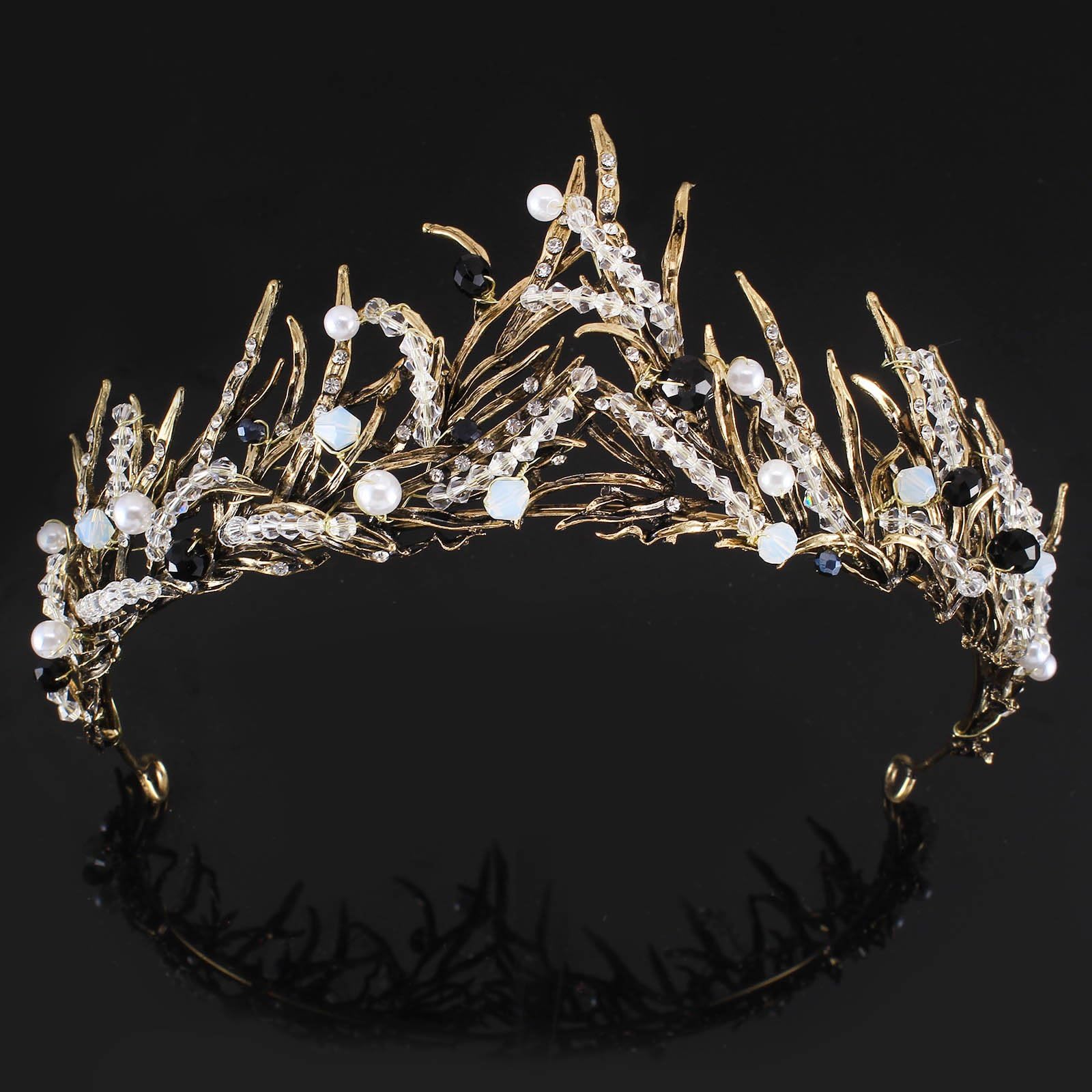 FUMUD Gold Leaf Tiara Pearl Handmade Tiara Rhinestone Crystal Crown Leaf Headband Bridal Hair Accessories (1#)