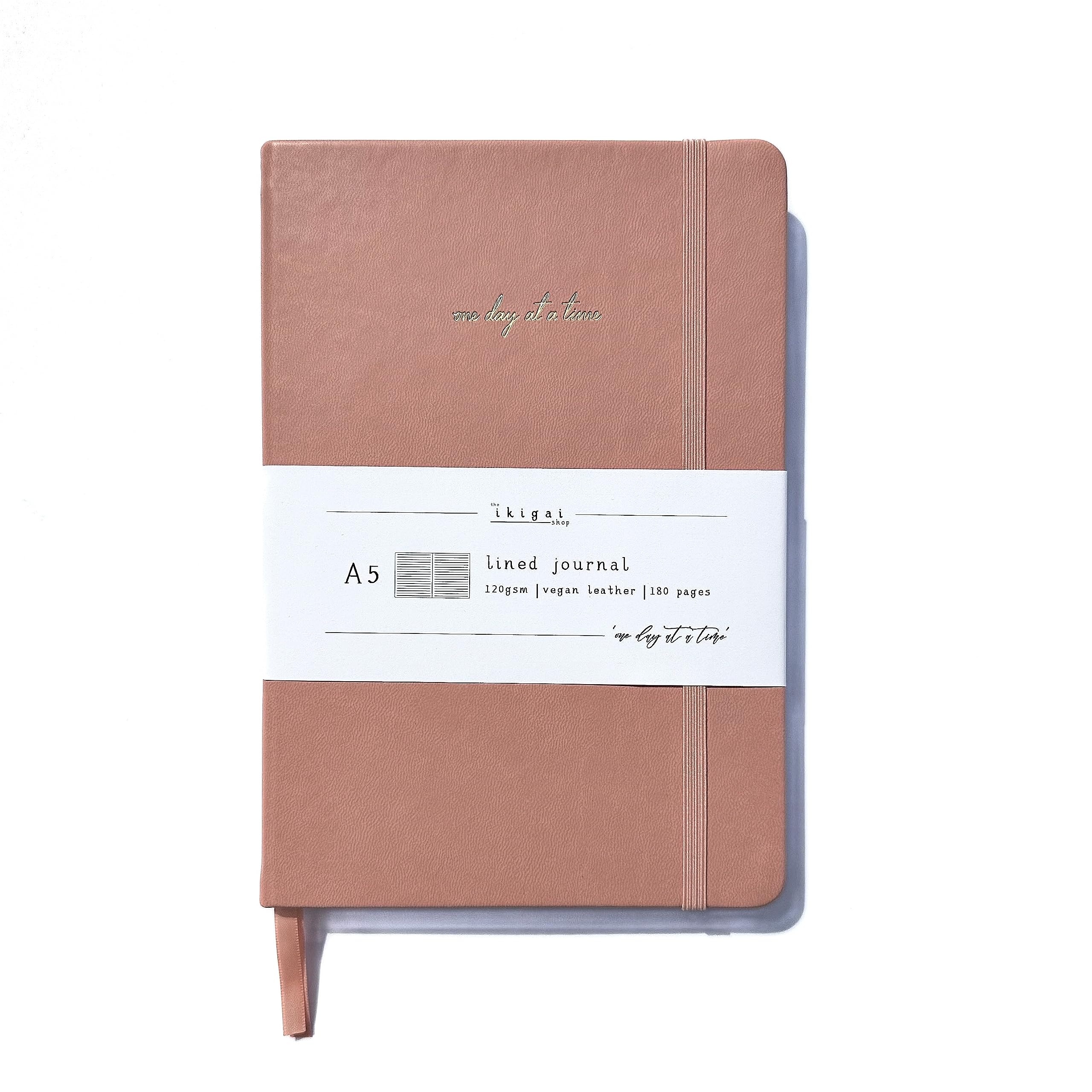 The Ikigai Shop | A5 Lined/Ruled Journal Notebook | 120gsm Premium Thick Paper | Vegan Leather Cover Notebook/Planner | 2 Bookmark Ribbons | Elastic Fastener (Peach)