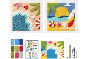 ORIGACH 2 Set Embroidery Punch Needle Kit with Frame, Summer Beach Needle Punching Kit with Patterns, Threads, Tools & Instructions for Beginners & Adults, DIY Wall Hanging Decor