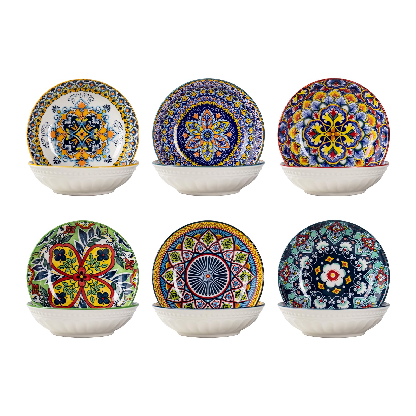HENXFEN LEAD Snack Bowls Ceramic, 14cm Tapas Dishes Set Dipping Bowls Porcelain for Sauce, Soy, Sushi, Snack. Colourful, Pack of 6 - Bohemian Style