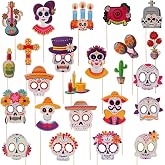 Dia De Los Muertos Photo Props, Konsait 24Pcs Day of The Dead Photo Props, Sugar Skull Mask Guitar Marigold Cutout Party Favor Props, Dia De Los Muertos Party Supplies Decorations