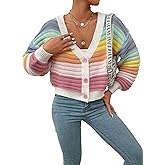 WDIRARA Women's Colorful Open Front V Neck Long Sleeve Crop Cardigan Buttons Loose Knit Sweater Coat
