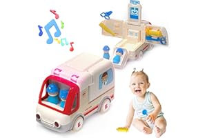 BELLOCHIDDO Ambulance Toy - Wooden Ambulance with Light&Sound Effects, Emergency Vehicle Toys with Storage Box, Pretend Play Learning & Education Toys for Boys&Girls, Birthday Gift Doctor Kit for Kids