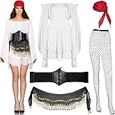 Crowye 5 Pcs Women's Pirate Costume Accessories Off Shoulde Renaissance Dress with Corset Halloween Women Pirate Outfit